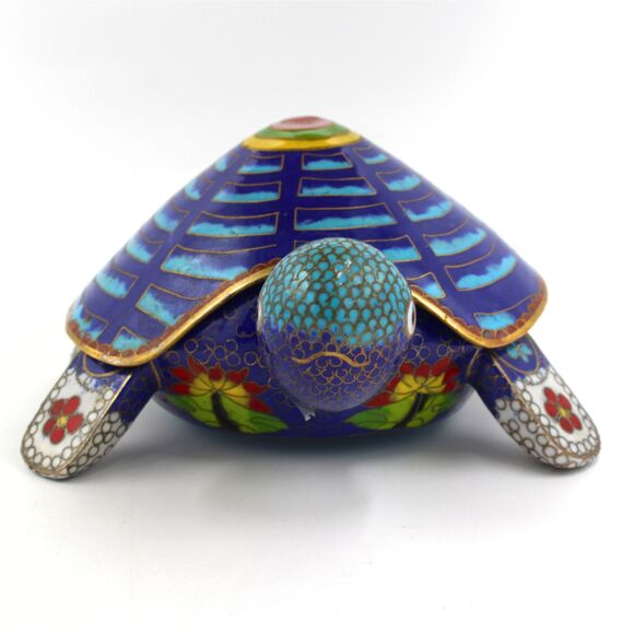 Vintage Cloisonné Turtle Trinket Box Blue Enamel Brass Figurine Lidded Shell - Picture 8 of 8